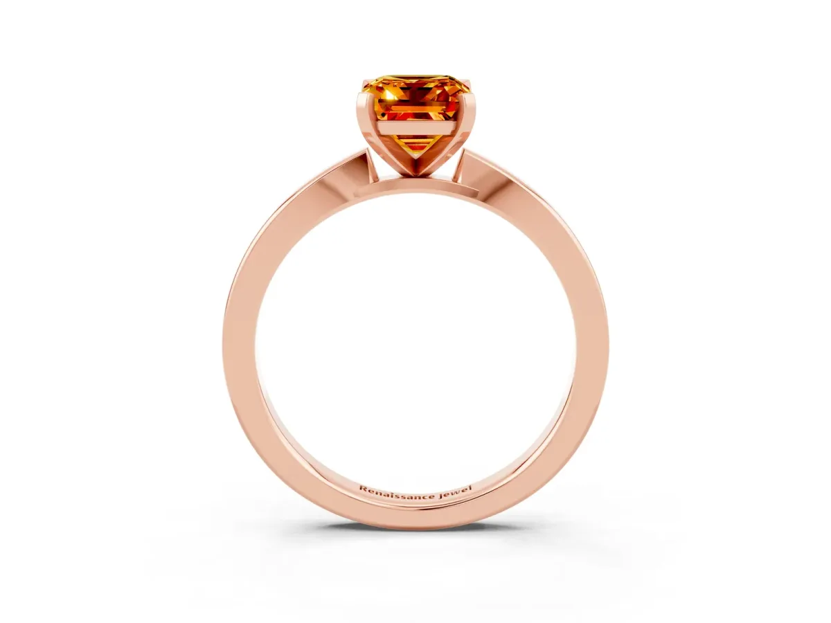 Emerald Cut Citrine Solitaire Engagement Ring with Classic Band and Four-Prong Setting Rose gold