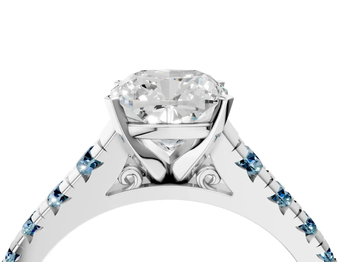 Cushion Cut Diamond Cathedral Solitaire Ring with Round Aquamarine Pavé Band Silver