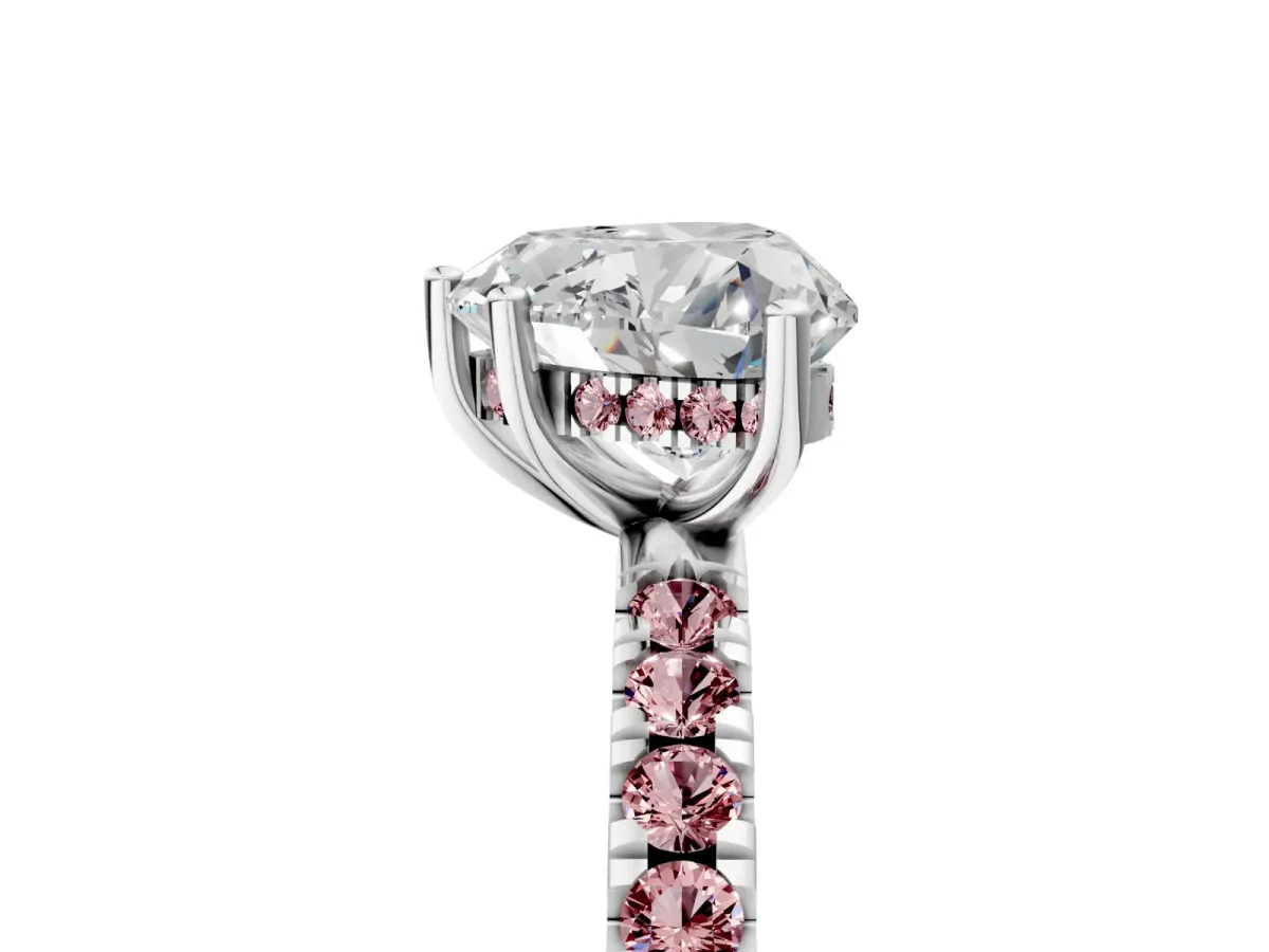 Heart Cut Diamond Pave Band Solitaire Ring with Round Morganite and Prong Setting Platinum