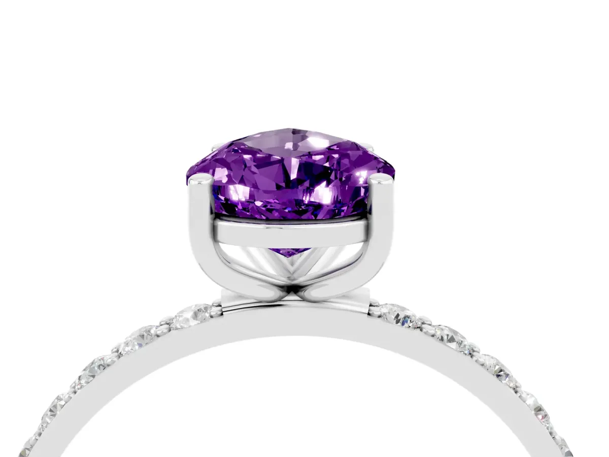 Pear Cut Amethyst Solitaire Ring with Round Pavé Band and Prong Setting Platinum