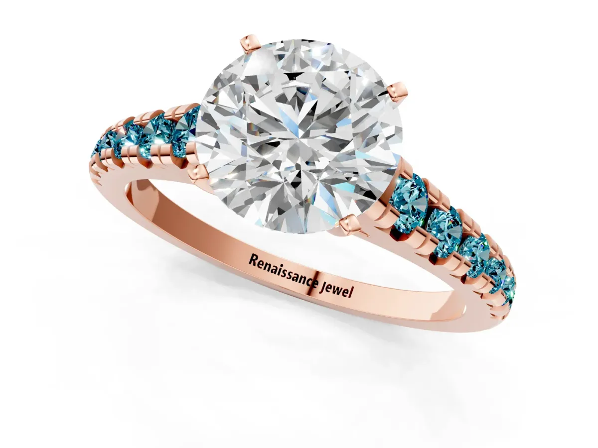 Round Cut Diamond Cathedral Solitaire Ring with Round Blue Topaz Pavé Band Rose gold