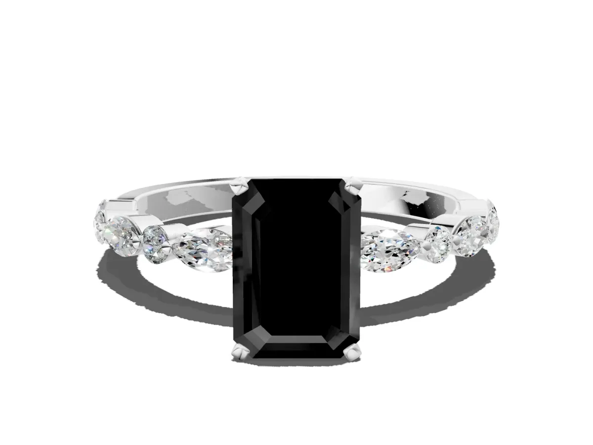 Fancy Black Emerald Cut Diamond Ring with Marquise and Round Side Stones and Four-Prong Setting Silver