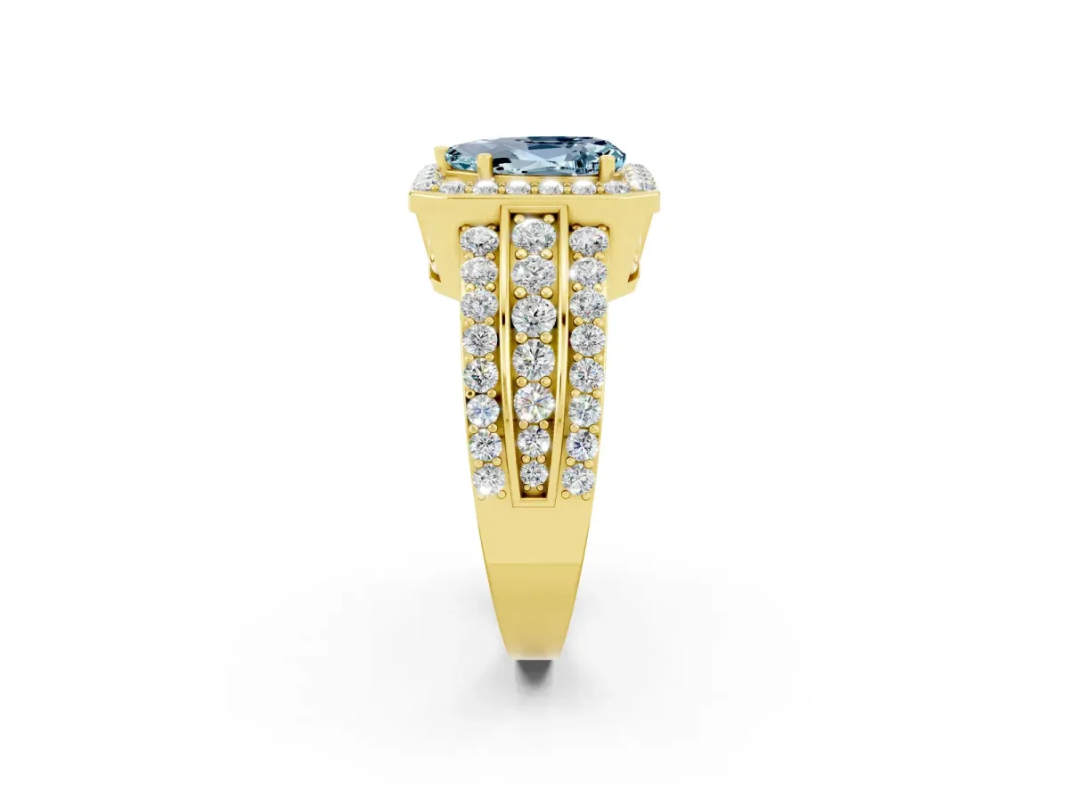Pear Cut Halo Aquamarine Ring with Round Split Shank and Prong Setting Yellow gold