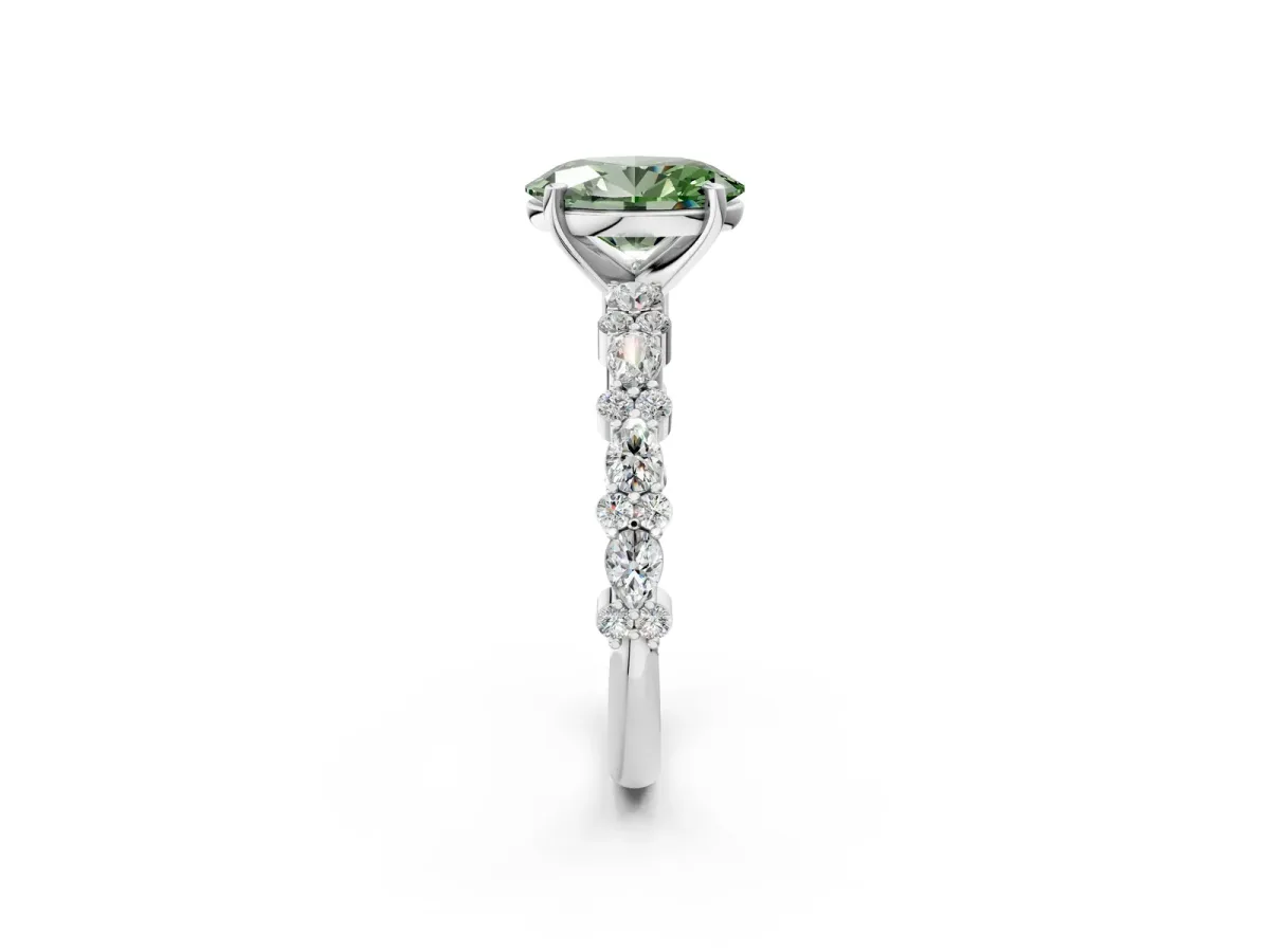 Fancy Green Oval Cut Diamond Side Stone Solitaire Ring with Round and Four-Prong Setting Platinum