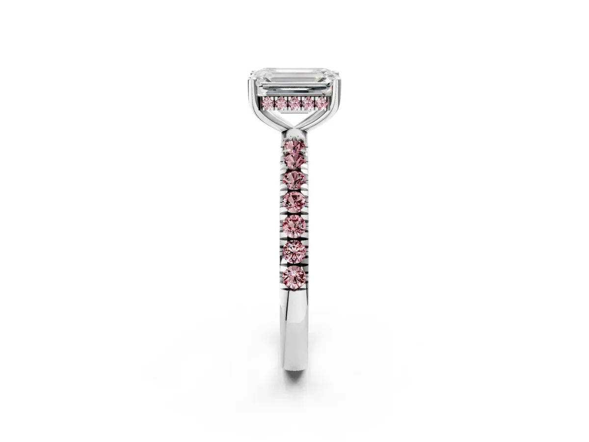 Emerald Cut Diamond Pave Band Solitaire Ring with Round Morganite and Prong Setting Platinum