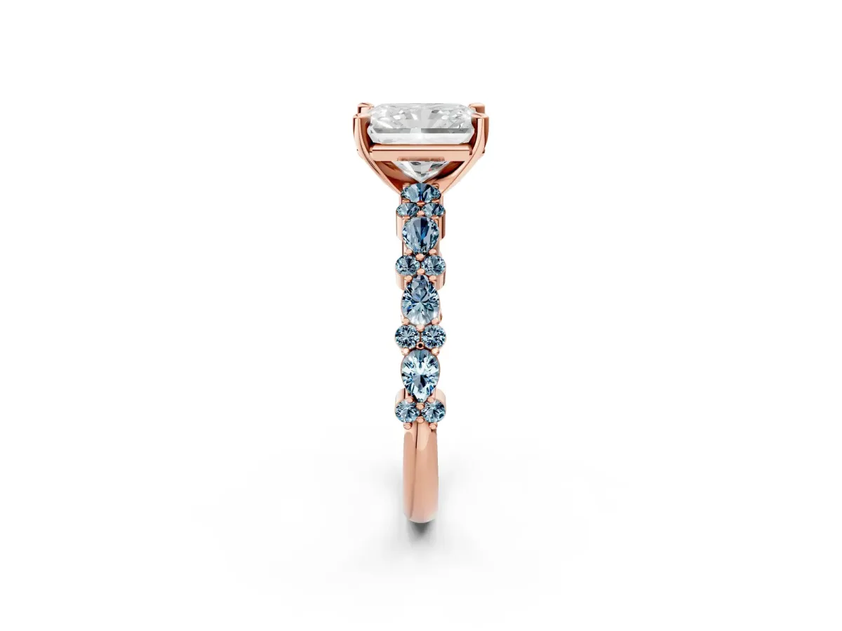 Radiant Cut Diamond Side Stone Solitaire Ring with Round Aquamarine and Four-Prong Setting Rose gold