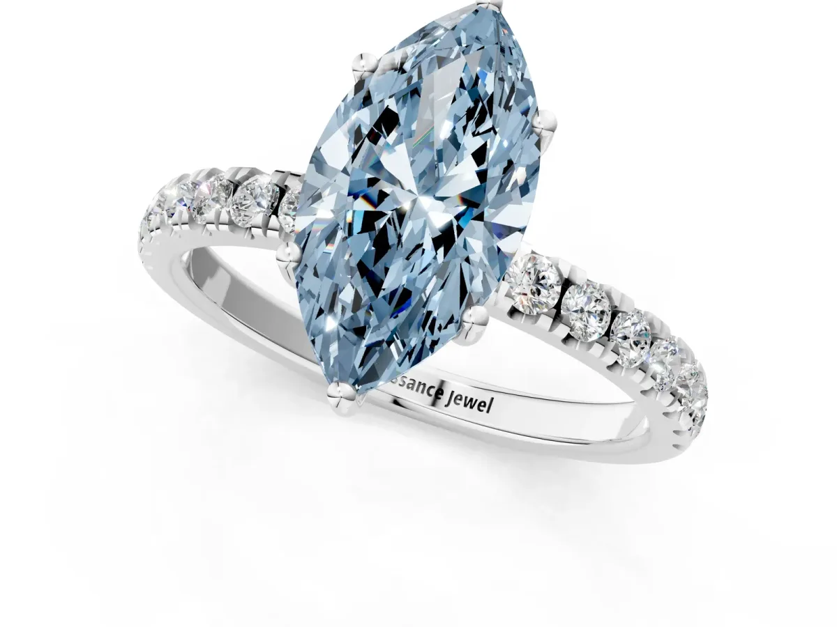 Fancy Blue Marquise Cut Diamond Pave Band Solitaire Ring with Round and Prong Setting Silver