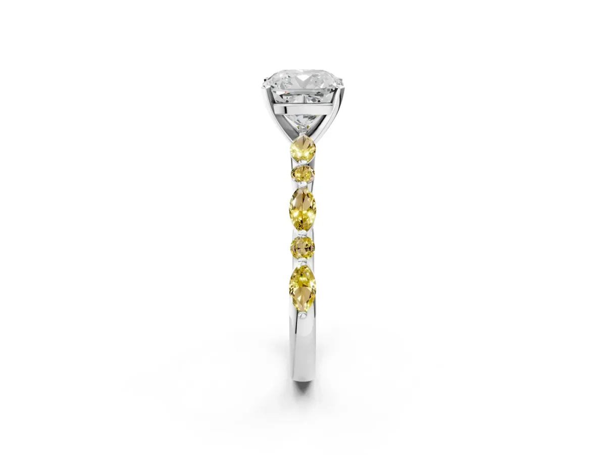 Cushion Cut Diamond Ring with Marquise and Round Yellow Sapphire Side Stones and Four-Prong Setting Silver