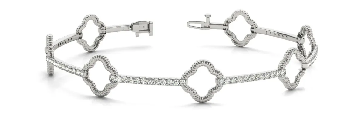 Round Diamond Pave Clover Link Bracelet with Rope Band and Four-Prong Setting White gold