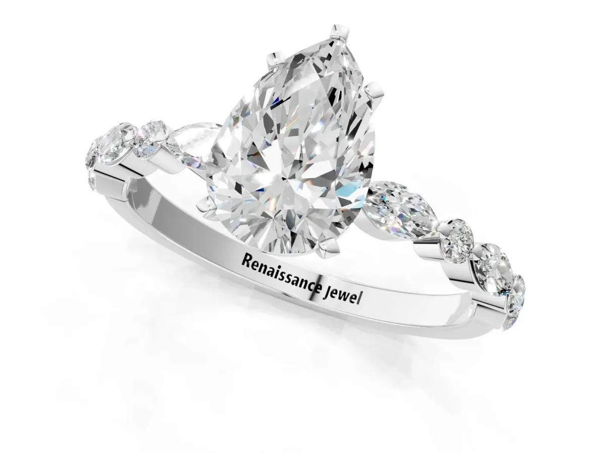 Pear Cut Diamond Ring with Marquise and Round Moissanite Side Stones and Four-Prong Setting Silver