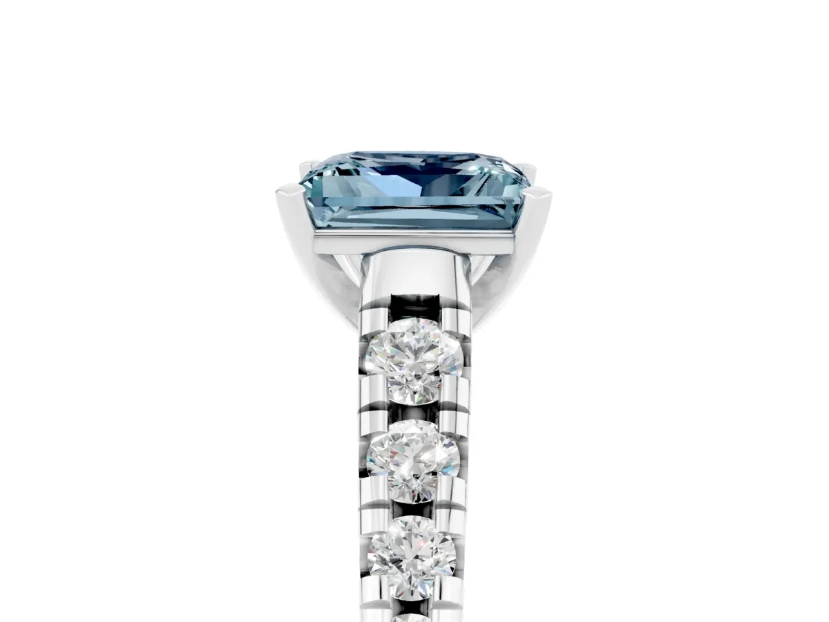 Princess Cut Aquamarine Cathedral Solitaire Ring with Round Pavé Band Silver