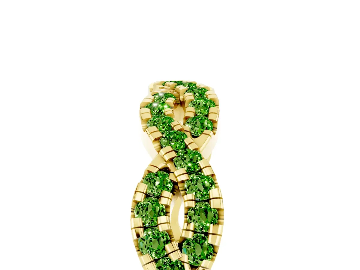 Round Peridot Twisted Eternity Band with Pavé and Shared Prong Setting Yellow gold