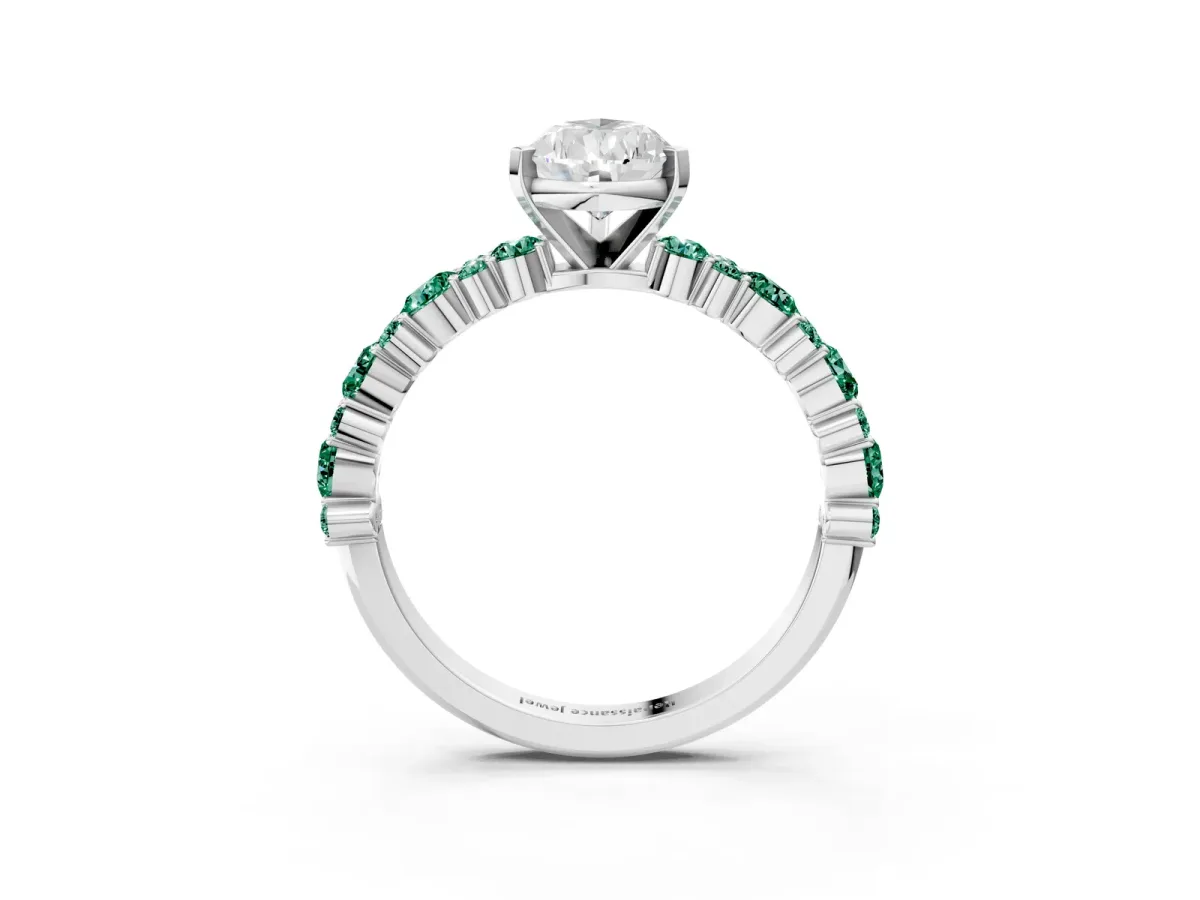 Pear Cut Diamond Side Stone Solitaire Ring with Round Green Sapphire and Four-Prong Setting Platinum