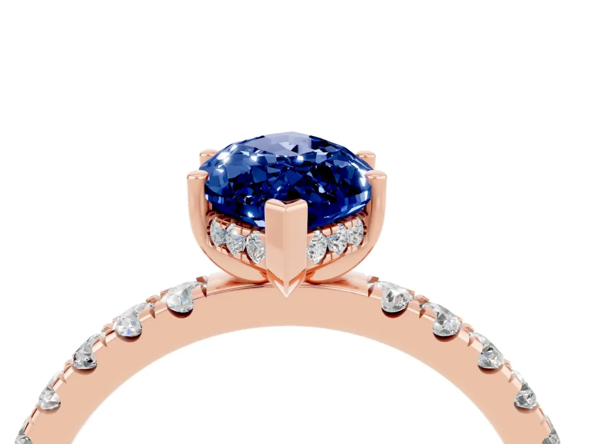Marquise Cut Blue Sapphire Pave Band Solitaire Ring with Round and Prong Setting Rose gold