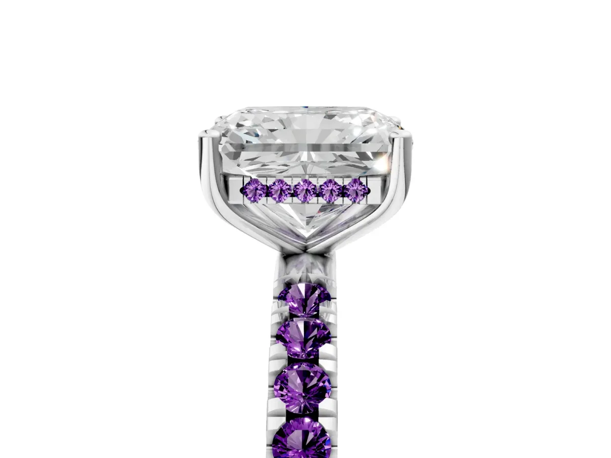 Radiant Cut Diamond Pave Band Solitaire Ring with Round Amethyst and Prong Setting Silver