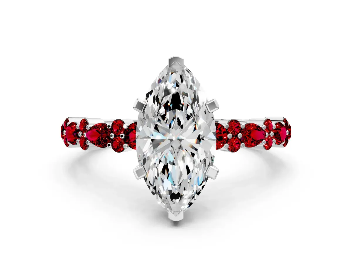 Marquise Cut Diamond Side Stone Solitaire Ring with Round Ruby and Four-Prong Setting Platinum
