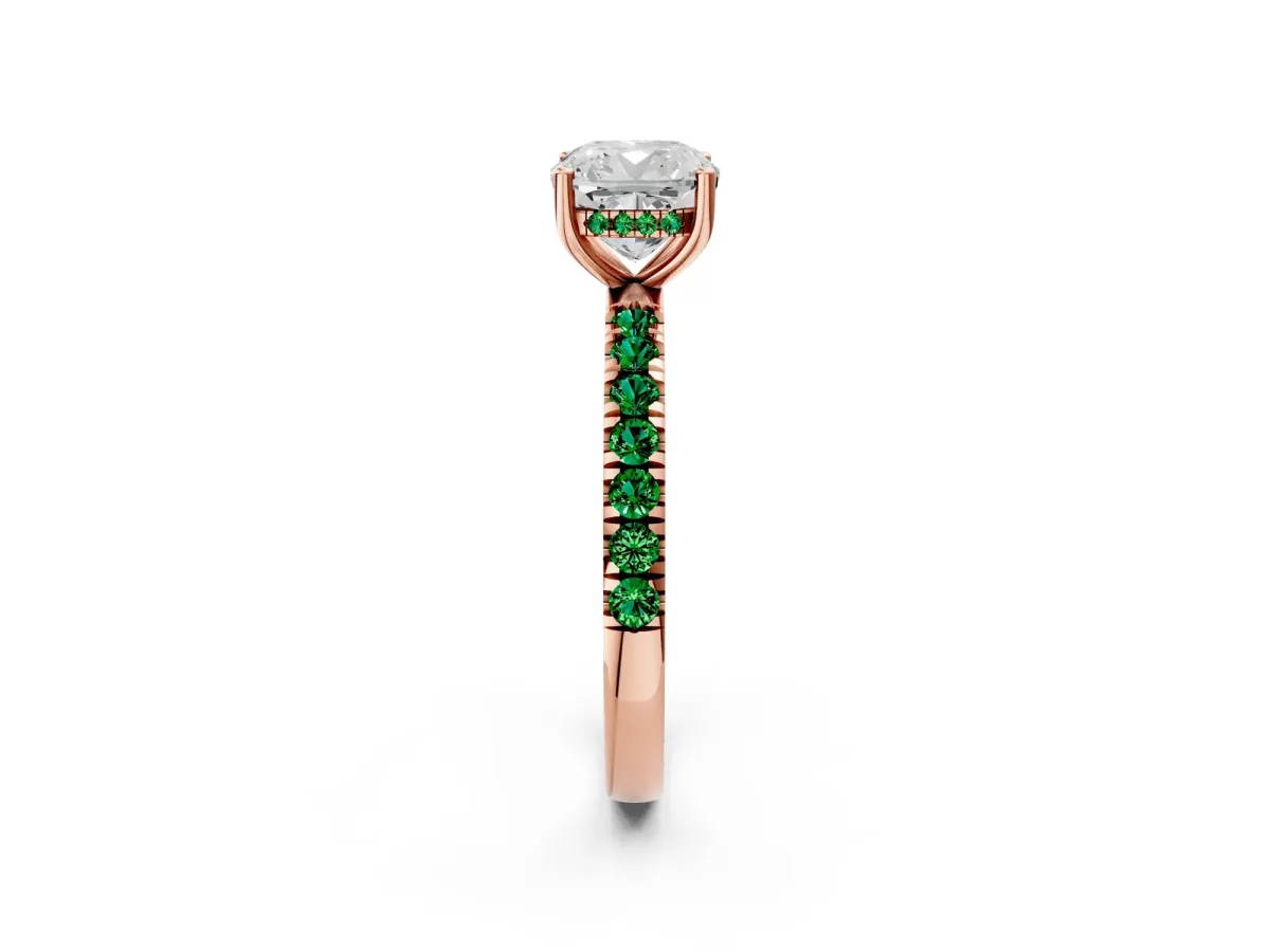 Cushion Cut Diamond Pave Band Solitaire Ring with Round Emerald and Prong Setting Rose gold