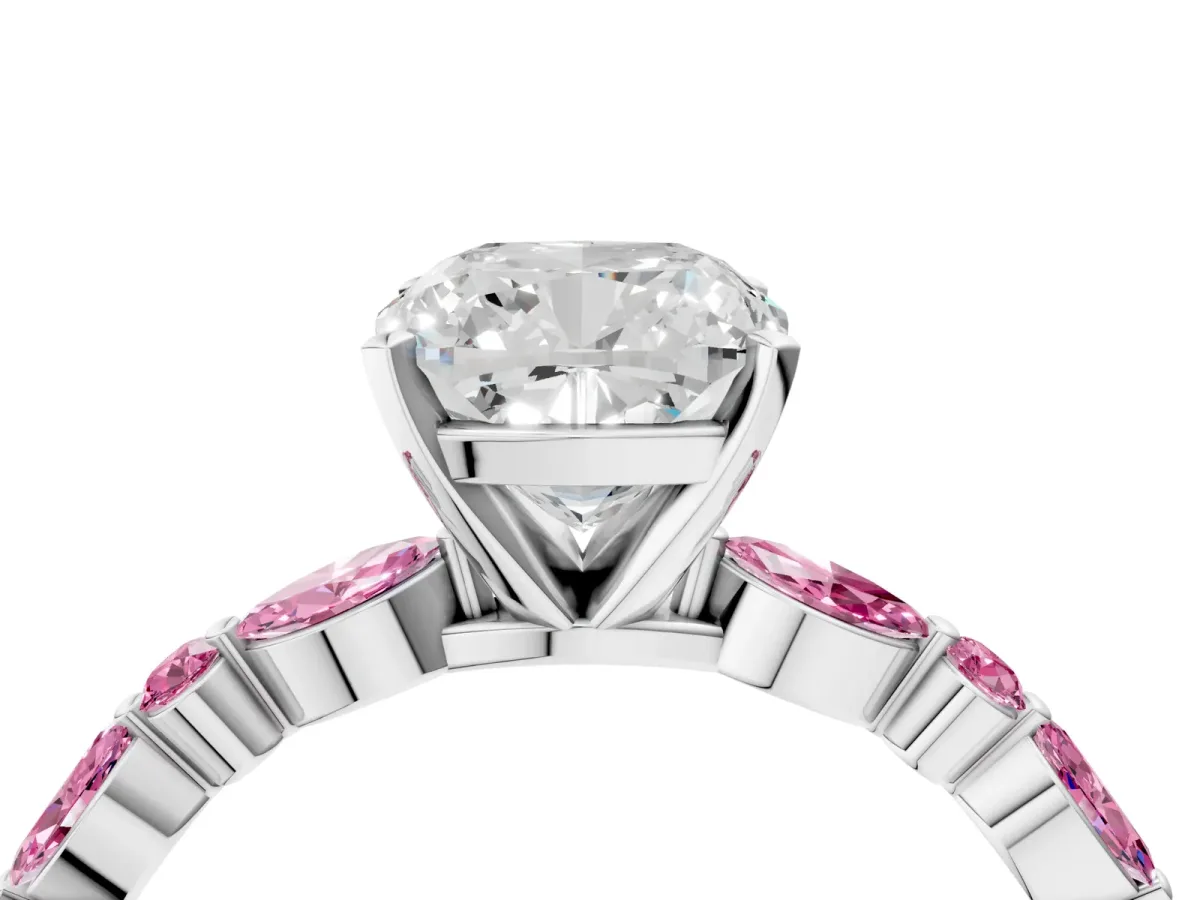 Cushion Cut Diamond Ring with Marquise and Round Pink Sapphire Side Stones and Four-Prong Setting Silver
