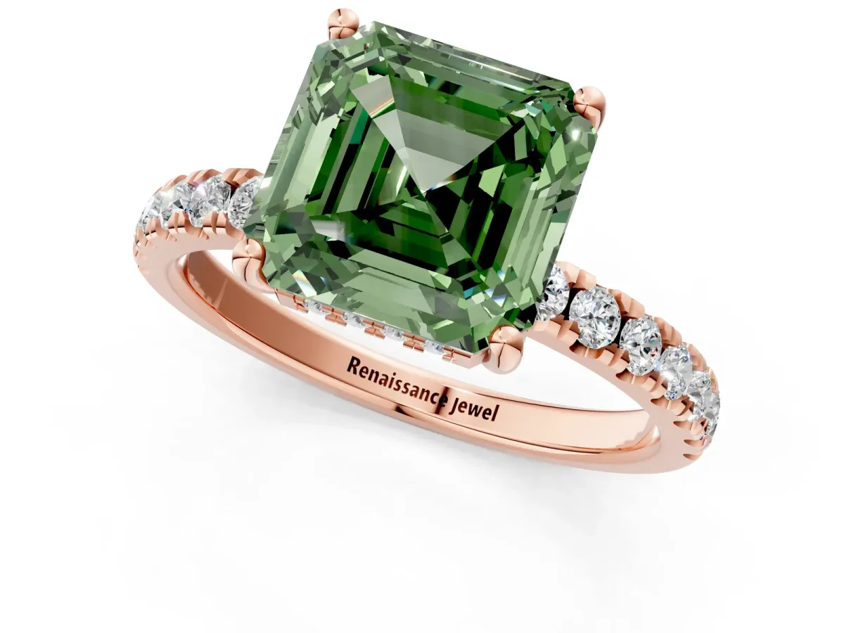 Fancy Green Asscher Cut Diamond Pave Band Solitaire Ring with Round and Prong Setting Rose gold