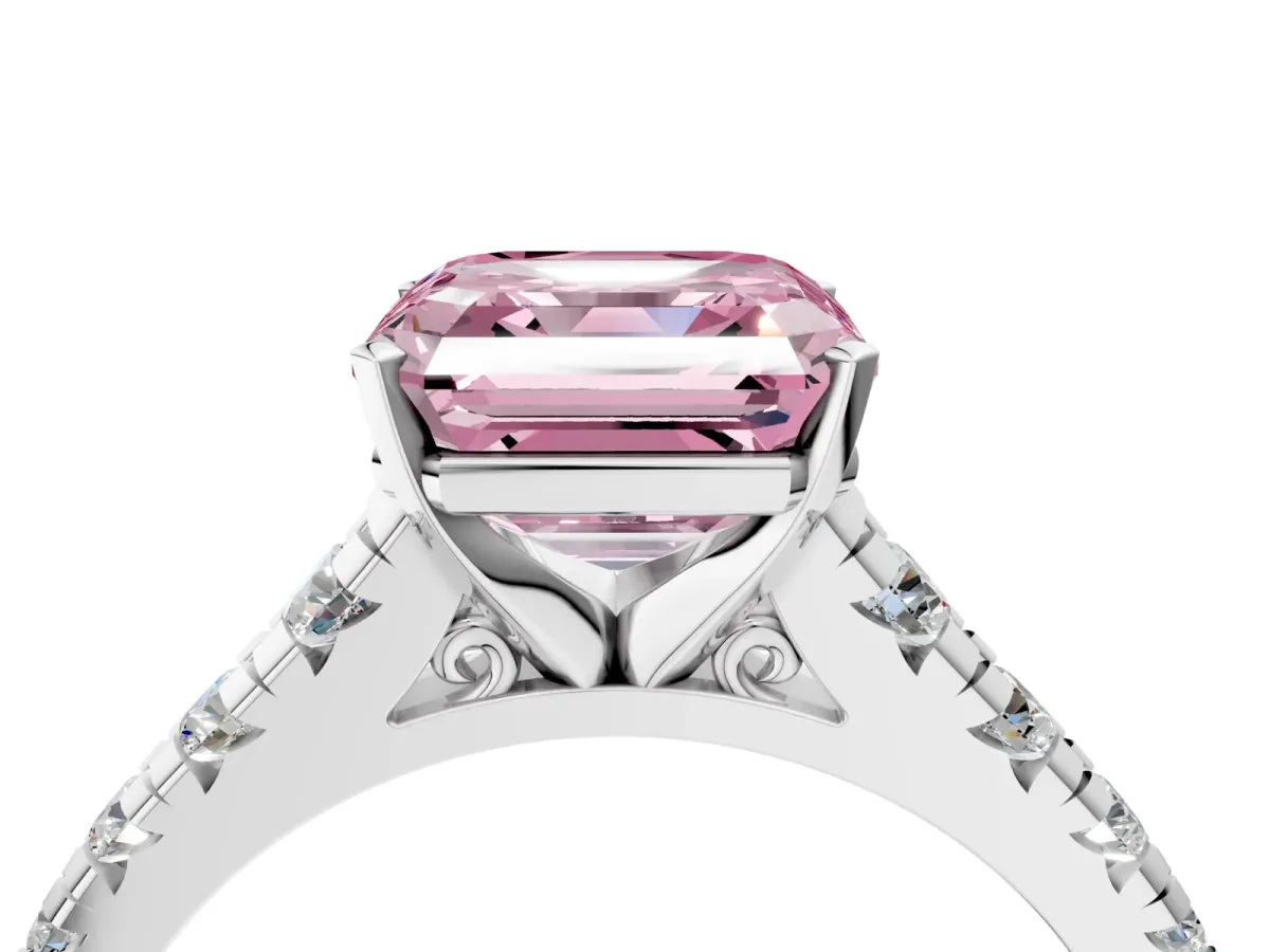 Fancy Pink Asscher Cut Diamond Cathedral Solitaire Ring with Round Pavé Band White gold