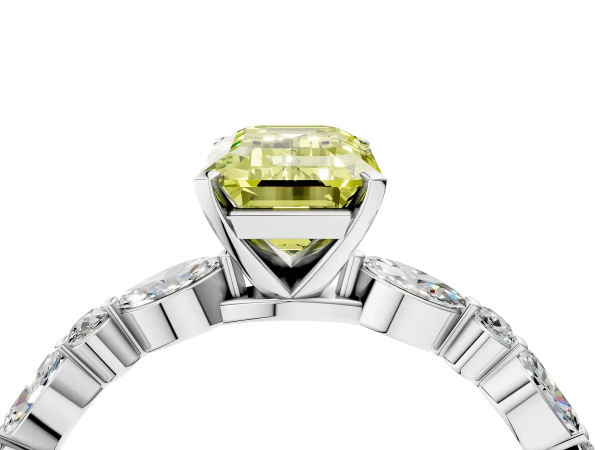 Fancy Yellow Emerald Cut Diamond Ring with Marquise and Round Side Stones and Four-Prong Setting Silver