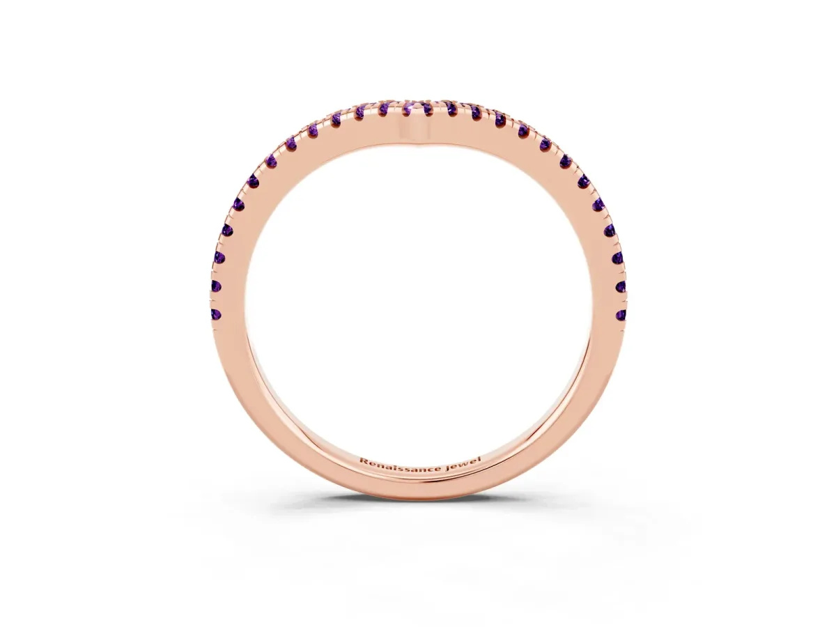 Pavé Round Amethyst V-Shaped Chevron Band with Shared Prong Setting Rose gold