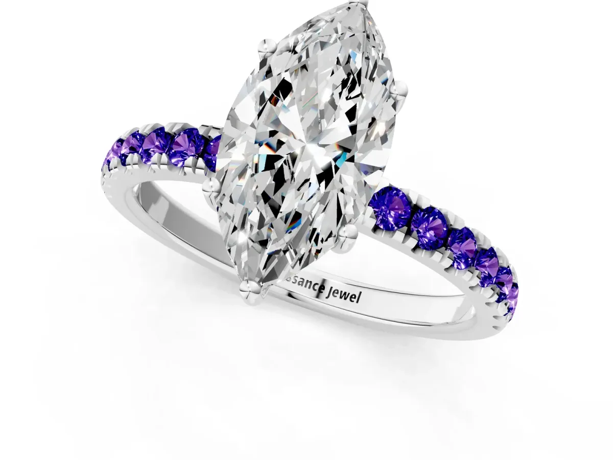 Marquise Cut Diamond Pave Band Solitaire Ring with Round Tanzanite and Prong Setting Platinum