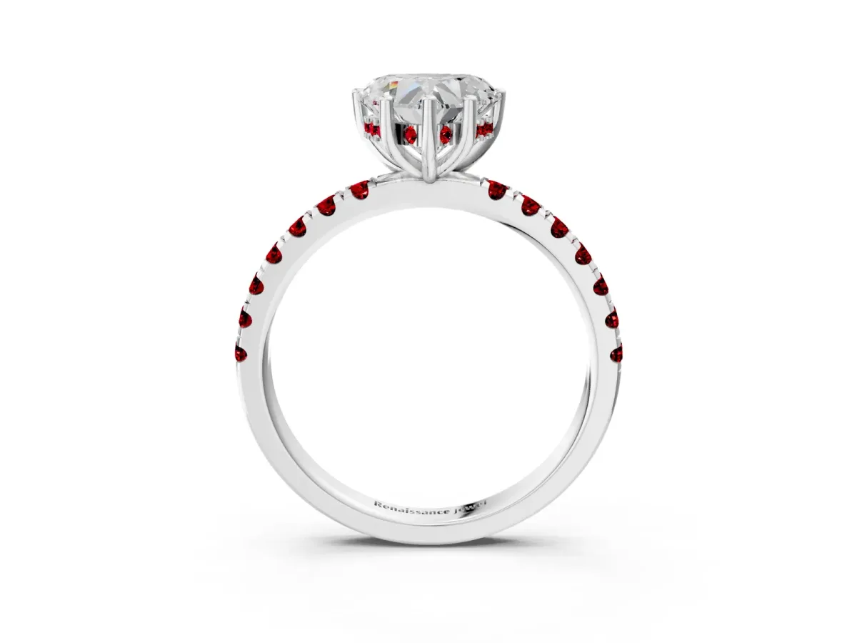 Heart Cut Diamond Pave Band Solitaire Ring with Round Ruby and Prong Setting Silver