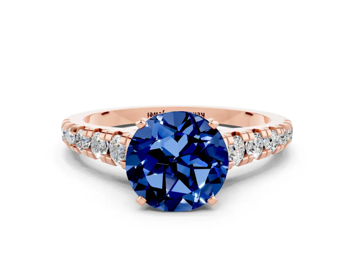 Round Cut Blue Sapphire Cathedral Solitaire Ring with Round Pavé Band Rose gold