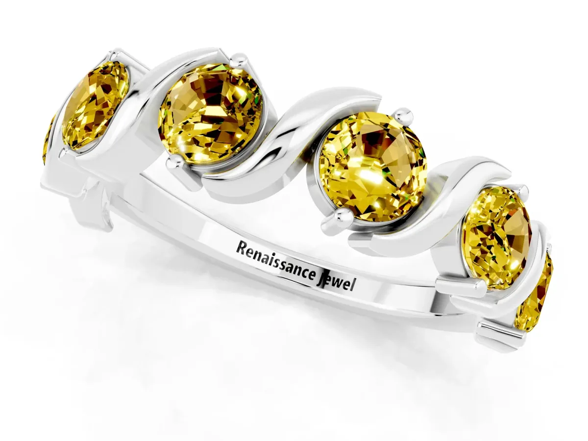 Six-Stone Round Yellow Sapphire Wave Band with Shared Prong Setting Platinum