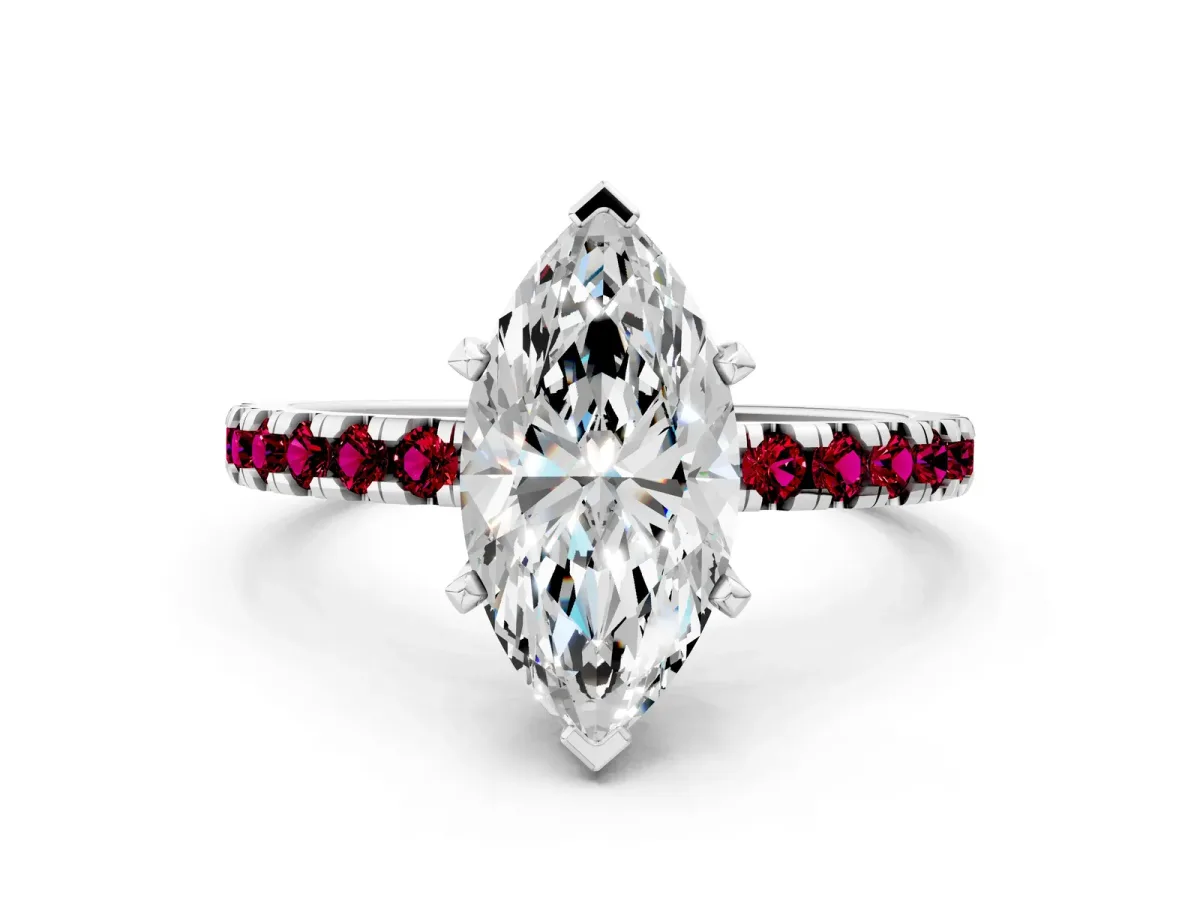 Marquise Cut Diamond Solitaire Ring with Round Garnet Pavé Band and Four-Prong Setting Silver