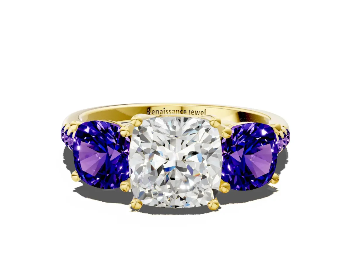 Three-Stone Cushion Cut Diamond Ring with Round Tanzanite Pavé Band and Prong Setting Yellow gold