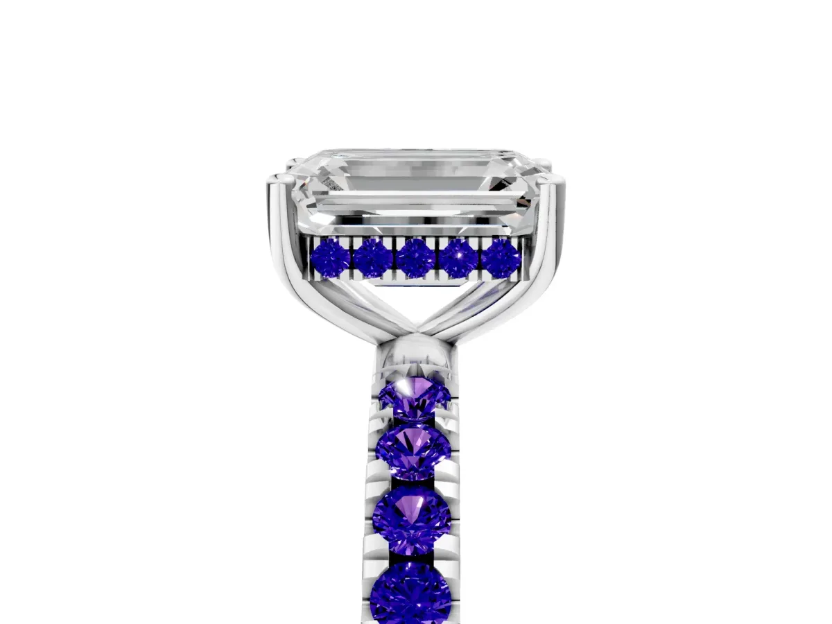 Emerald Cut Diamond Pave Band Solitaire Ring with Round Tanzanite and Prong Setting Platinum