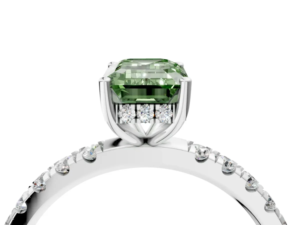 Fancy Green Emerald Cut Diamond Pave Band Solitaire Ring with Round and Prong Setting Silver