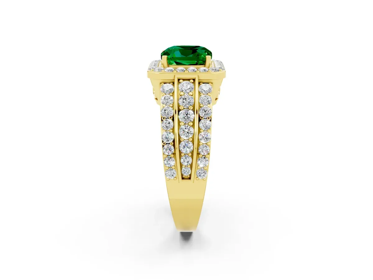Cushion Cut Halo Emerald Ring with Round Split Shank and Prong Setting Yellow gold