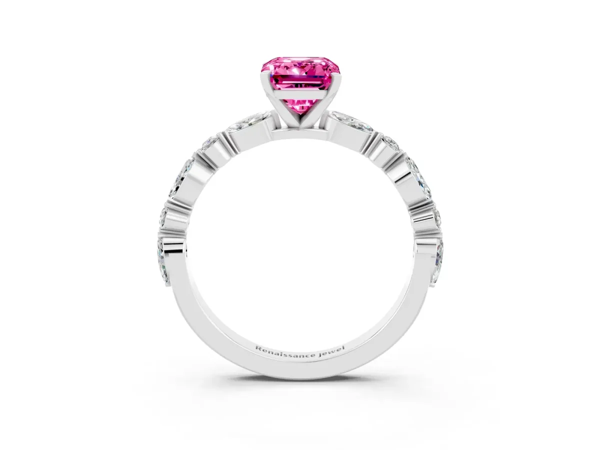 Emerald Cut Pink Sapphire Ring with Marquise and Round Side Stones and Four-Prong Setting Silver