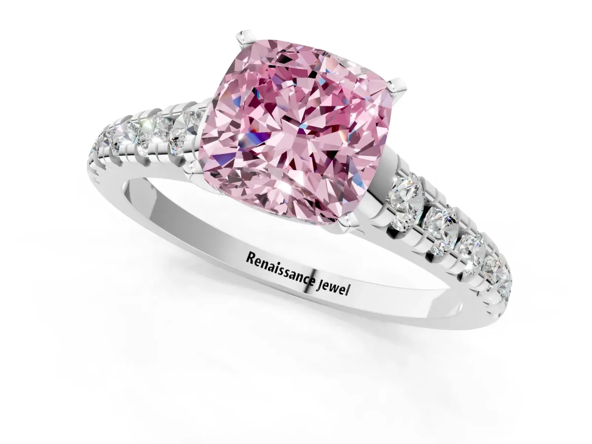 Fancy Pink Cushion Cut Diamond Cathedral Solitaire Ring with Round Pavé Band Silver