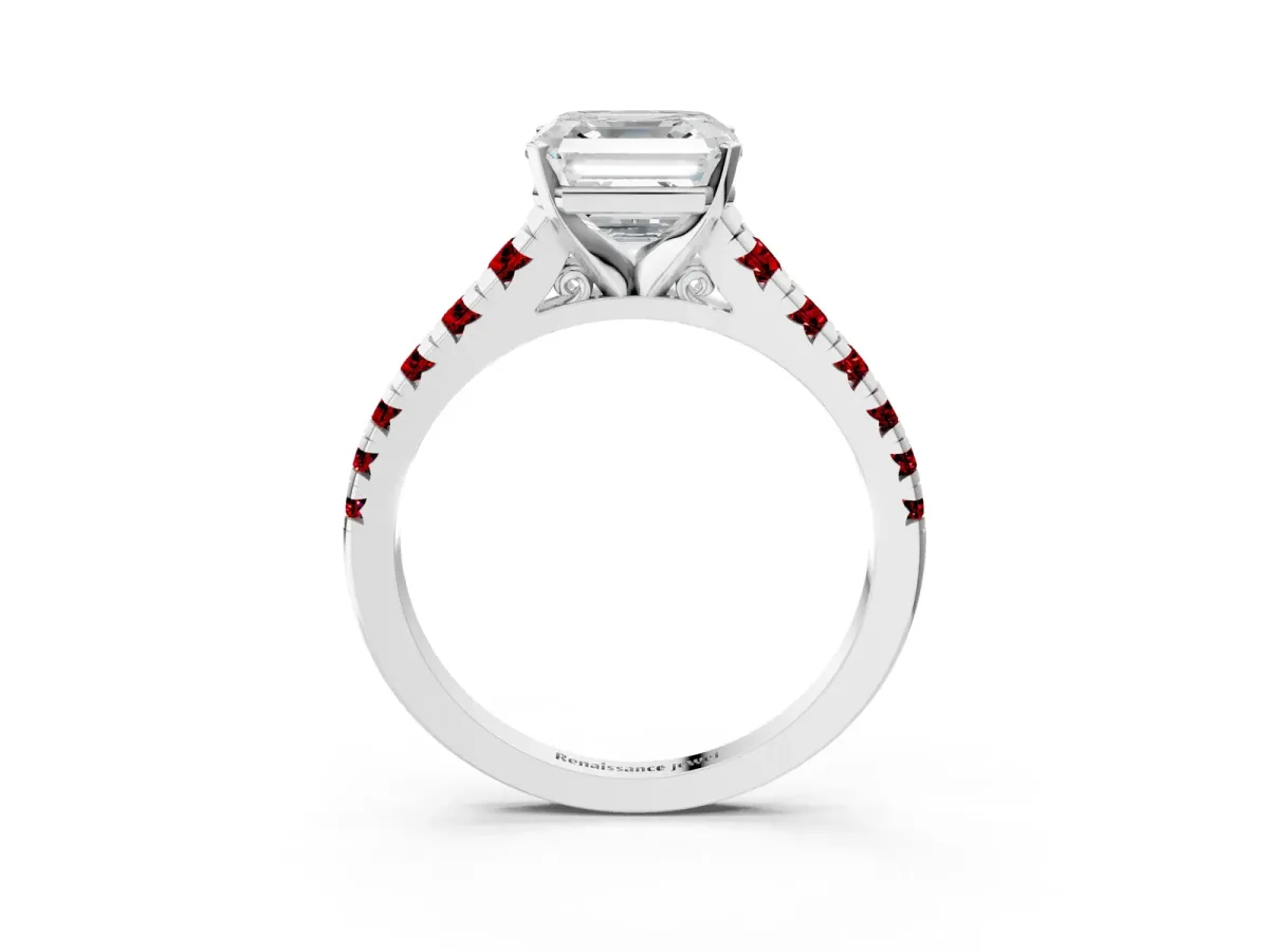 Asscher Cut Diamond Cathedral Solitaire Ring with Round Ruby Pavé Band White gold