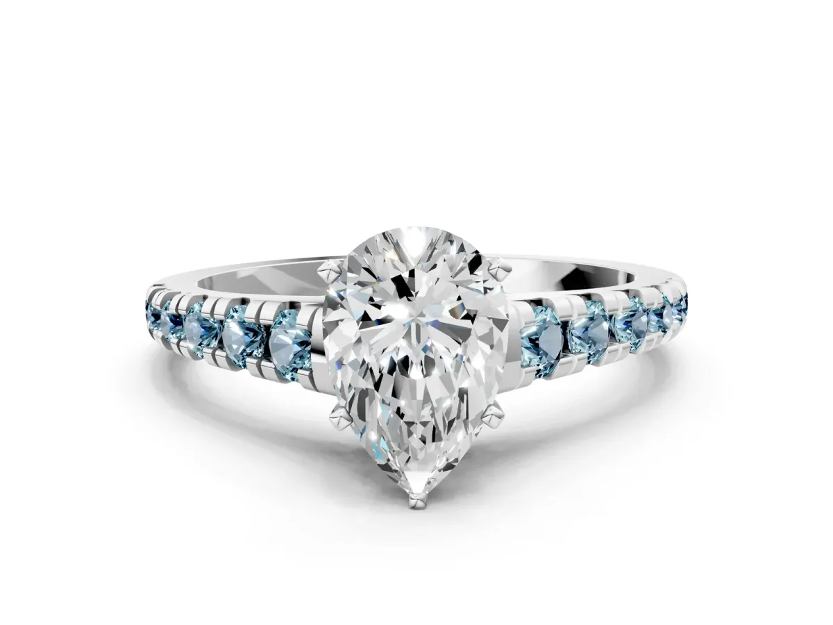 Pear Cut Diamond Cathedral Solitaire Ring with Round Aquamarine Pavé Band Platinum