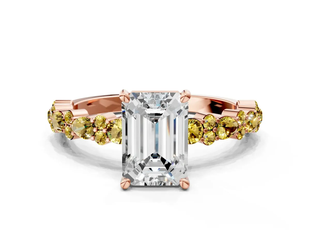 Emerald Cut Diamond Side Stone Solitaire Ring with Round Yellow Sapphire and Four-Prong Setting Rose gold