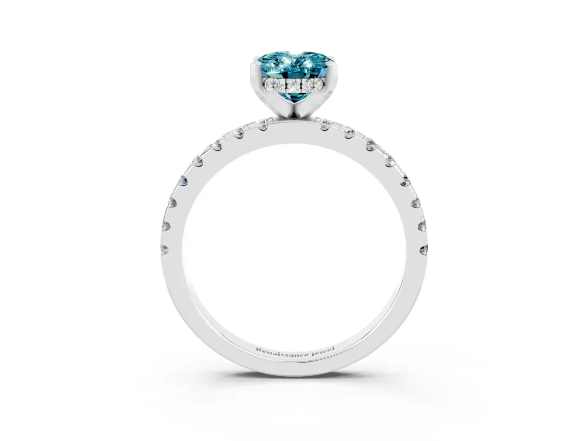 Oval Cut Blue Topaz Solitaire Ring with Round Pavé Band and Four-Prong Setting Platinum