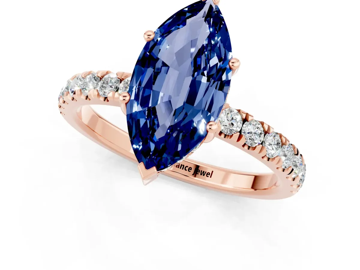 Marquise Cut Blue Sapphire Pave Band Solitaire Ring with Round and Prong Setting Rose gold