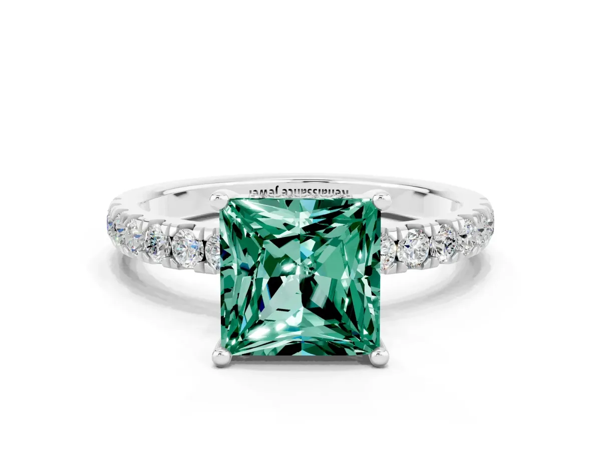 Princess Cut Green Sapphire Pave Band Solitaire Ring with Round and Prong Setting Platinum