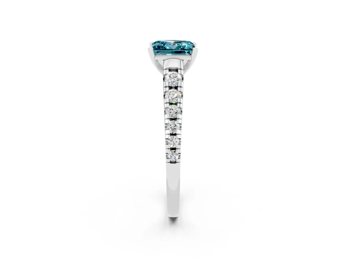Princess Cut Blue Topaz Cathedral Solitaire Ring with Round Pavé Band Silver