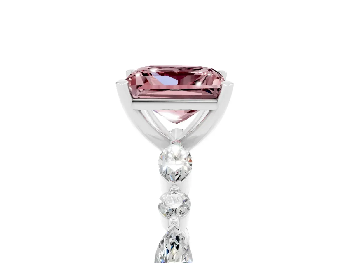 Princess Cut Morganite Ring with Marquise and Round Side Stones and Four-Prong Setting Silver