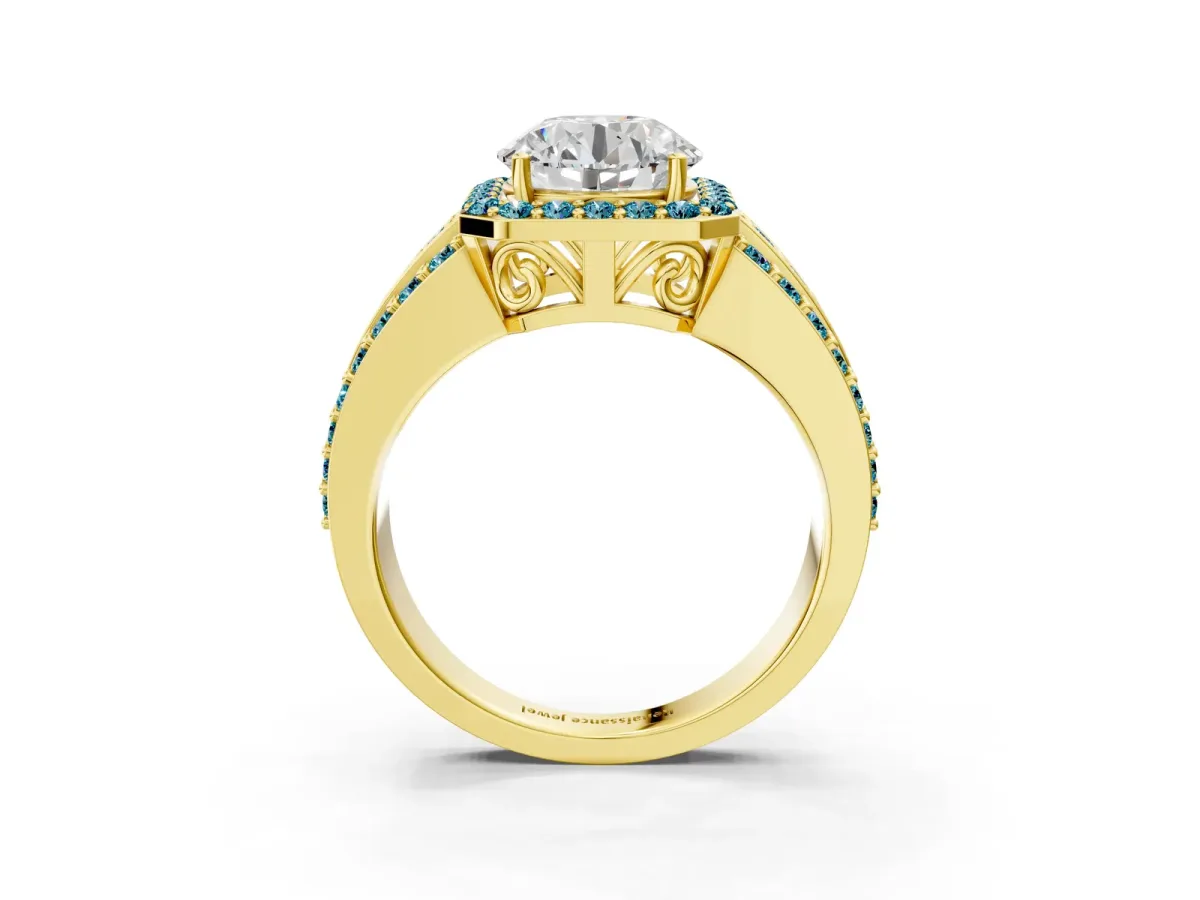 Round Cut Halo Diamond Ring with Round Blue Topaz Split Shank and Prong Setting Yellow gold