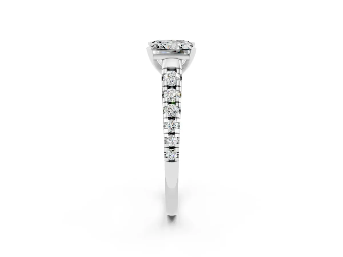 Princess Cut Moissanite Cathedral Solitaire Ring with Round Pavé Band Silver