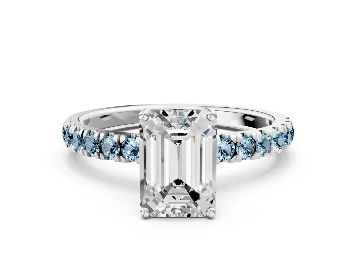 Emerald Cut Diamond Pave Band Solitaire Ring with Round Aquamarine and Prong Setting Silver
