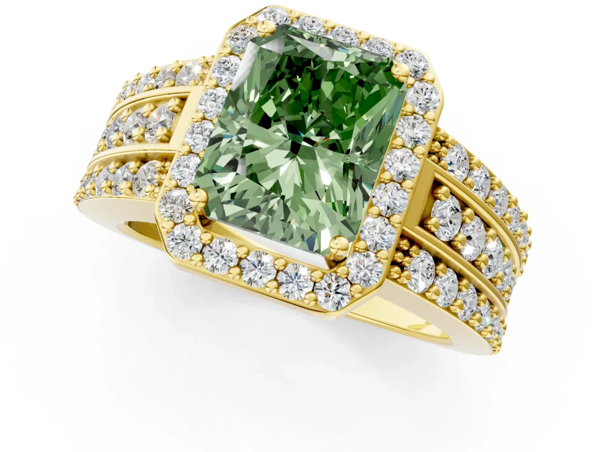 Fancy Green Radiant Cut Halo Diamond Ring with Round Split Shank and Prong Setting Yellow gold
