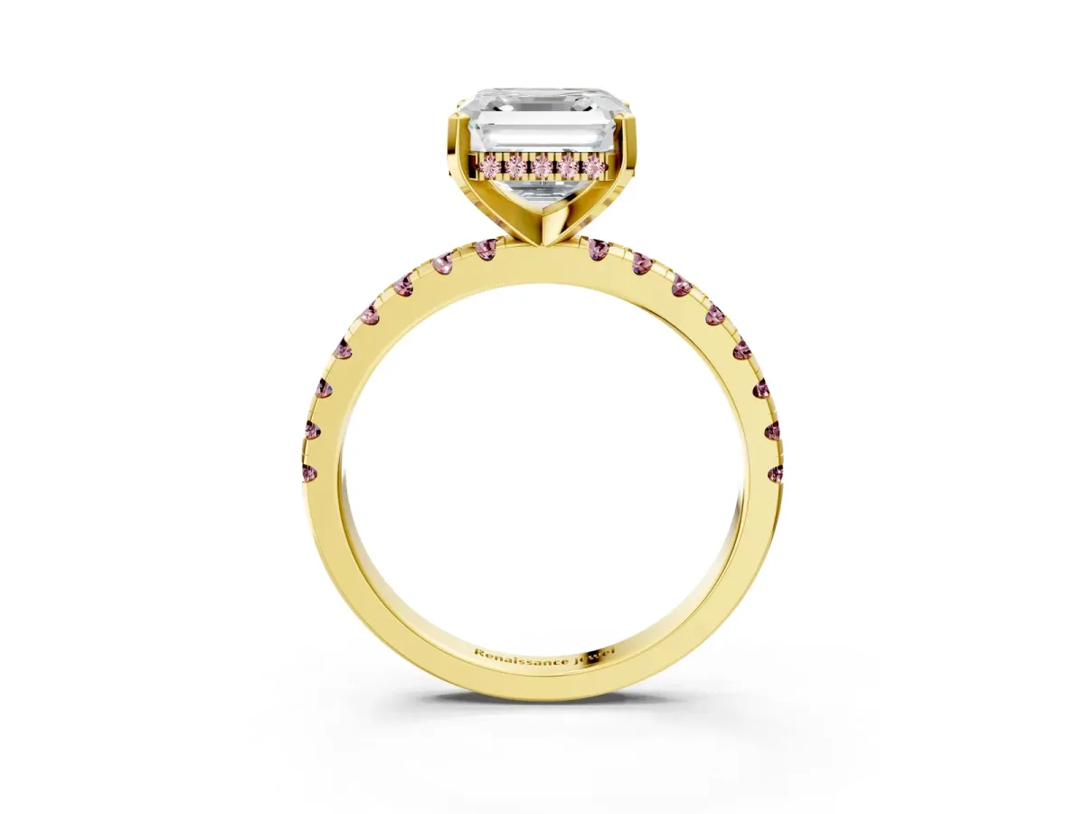 Asscher Cut Diamond Solitaire Ring with Round Morganite Pavé Band and Four-Prong Setting Yellow gold